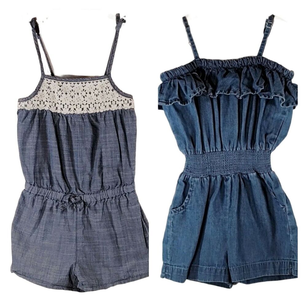 Girls Romper Set of Two Size 2T Boho Shortalls Cotton Chambray Mud Pie & OshKosh